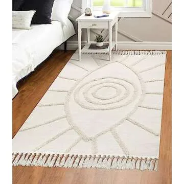 Uphome Boho Area Rug 4'x6' Washable Evil Eye Tufted Living Room Rug with Tassels Soft Cotton Woven Nursery Rug Farmhouse Aesthetic Beige Indoor Carpet for Home Kitchen Dining Room Bedroom