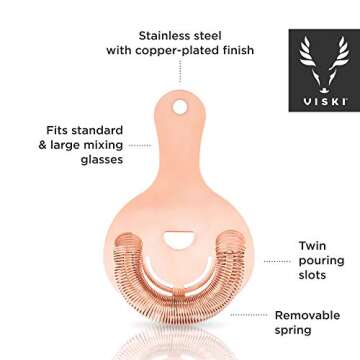 Viski Copper Hawthorne and Bartending Strainer - Stainless Steel Bar Cocktail Strainer for Drinks wi...