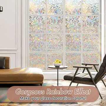 Haton Window Privacy Film, Stained Glass Rainbow Film Decorative Window Clings, Static Cling Sun Blo...