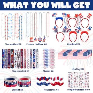 4th of July Party Favors Set, Fourth of July Decorations 158 Pcs Accessories Includes Slap Bracelets, Necklaces, USA Flags, Tattoos, Wristbands, Glasses, Headbands, Moustaches, Red White and Blue