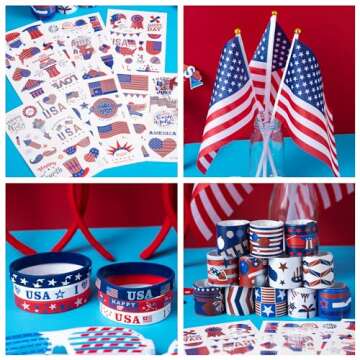 4th of July Party Favors Set, Fourth of July Decorations 158 Pcs Accessories Includes Slap Bracelets, Necklaces, USA Flags, Tattoos, Wristbands, Glasses, Headbands, Moustaches, Red White and Blue