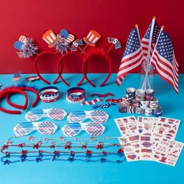 4th of July Party Favors Set, Fourth of July Decorations 158 Pcs Accessories Includes Slap Bracelets, Necklaces, USA Flags, Tattoos, Wristbands, Glasses, Headbands, Moustaches, Red White and Blue