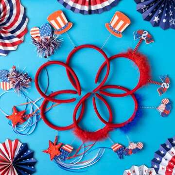 4th of July Party Favors Set, Fourth of July Decorations 158 Pcs Accessories Includes Slap Bracelets, Necklaces, USA Flags, Tattoos, Wristbands, Glasses, Headbands, Moustaches, Red White and Blue