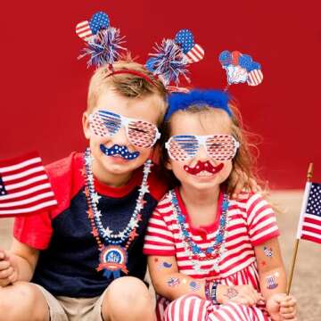4th of July Party Favors Set, Fourth of July Decorations 158 Pcs Accessories Includes Slap Bracelets, Necklaces, USA Flags, Tattoos, Wristbands, Glasses, Headbands, Moustaches, Red White and Blue