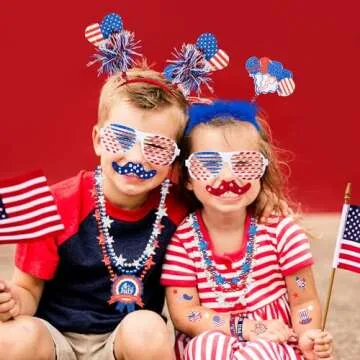 4th of July Party Favors Set, Fourth of July Decorations 158 Pcs Accessories Includes Slap Bracelets, Necklaces, USA Flags, Tattoos, Wristbands, Glasses, Headbands, Moustaches, Red White and Blue