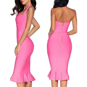 houstil Women's V Neck Halter Fishtail Bandage Bodycon Dress Party Holiday Wedding Guest Dresses (XL, Rose)