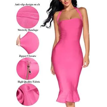 houstil Women's V Neck Halter Fishtail Bandage Bodycon Dress Party Holiday Wedding Guest Dresses (XL, Rose)