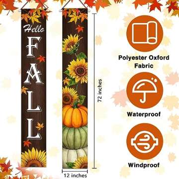 Fzbali Hello Fall Porch Banner Sign, Maple Sunflower Front Door Decorative Hanging Welcome Banner Fl...
