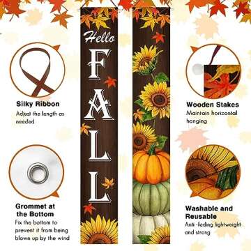 Fzbali Hello Fall Porch Banner Sign, Maple Sunflower Front Door Decorative Hanging Welcome Banner Flag, Autumn Pumpkins Rustic Seasonal Farmhouse Thanksgiving Decoration Home Outdoor Decor