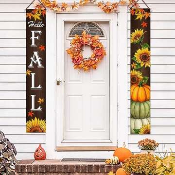 Fzbali Hello Fall Porch Banner Sign, Maple Sunflower Front Door Decorative Hanging Welcome Banner Flag, Autumn Pumpkins Rustic Seasonal Farmhouse Thanksgiving Decoration Home Outdoor Decor