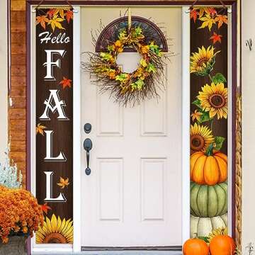 Fzbali Hello Fall Porch Banner Sign, Maple Sunflower Front Door Decorative Hanging Welcome Banner Flag, Autumn Pumpkins Rustic Seasonal Farmhouse Thanksgiving Decoration Home Outdoor Decor