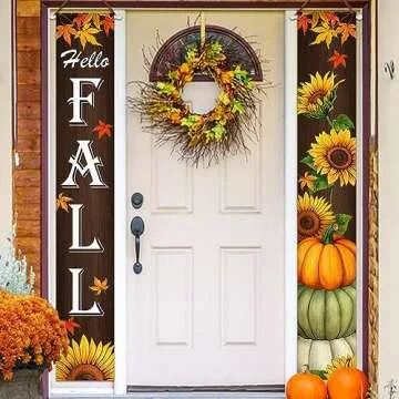 Fzbali Hello Fall Porch Banner Sign, Maple Sunflower Front Door Decorative Hanging Welcome Banner Flag, Autumn Pumpkins Rustic Seasonal Farmhouse Thanksgiving Decoration Home Outdoor Decor