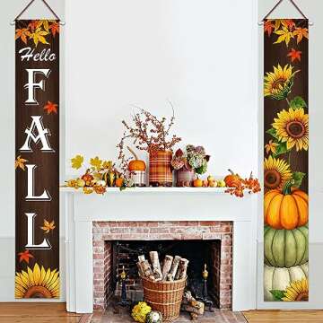 Fzbali Hello Fall Porch Banner Sign, Maple Sunflower Front Door Decorative Hanging Welcome Banner Flag, Autumn Pumpkins Rustic Seasonal Farmhouse Thanksgiving Decoration Home Outdoor Decor
