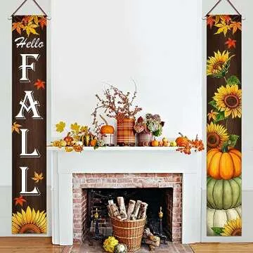 Fzbali Hello Fall Porch Banner Sign, Maple Sunflower Front Door Decorative Hanging Welcome Banner Flag, Autumn Pumpkins Rustic Seasonal Farmhouse Thanksgiving Decoration Home Outdoor Decor