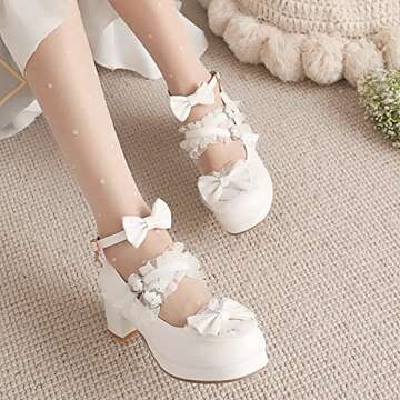 Women Cute Lolita Shoes Platform Mary Janes Kawaii Strappy Ankle Strap Sweet Pumps Lace Cross Tied Dress Pumps, Size 8 M US,White
