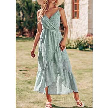 KIRUNDO Womens Summer Maxi Sun Dress Sexy Spaghetti Strap V Neck Flowy High Waist Split Beach Vacation Dresses with Belt