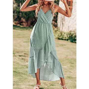 KIRUNDO Womens Summer Maxi Sun Dress Sexy Spaghetti Strap V Neck Flowy High Waist Split Beach Vacation Dresses with Belt
