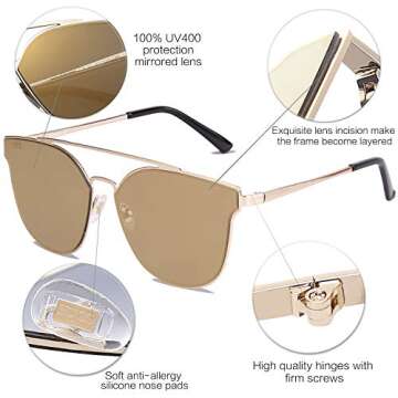 SOJOS Fashion Cateye Reflective Sunglasses Mirrored For Women Trendy Designer Style Flat Lenses SO SHINE SJ1100 with Gold Frame/Gold Mirrored Lens