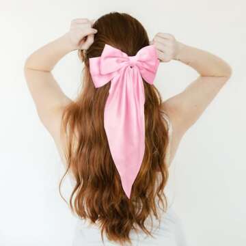 WHAVEL 6PCS Pink Hair Bows for Women, Pink Ribbon Hair Clips with Long Tail Silky Satin Bow Clips Cu...