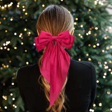 WHAVEL 6PCS Pink Hair Bows for Women, Pink Ribbon Hair Clips with Long Tail Silky Satin Bow Clips Cute Hair Accessories