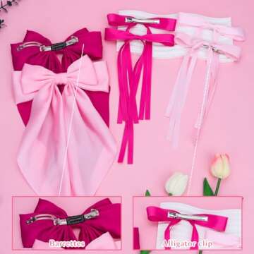 WHAVEL 6PCS Pink Hair Bows for Women, Pink Ribbon Hair Clips with Long Tail Silky Satin Bow Clips Cute Hair Accessories