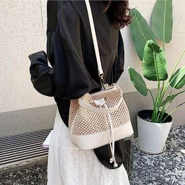 Straw Shoulder Bag Straw Tote Straw Crossbody Bag Handwoven Drawstring Bucket Bag Beach Bag for Women,Beige