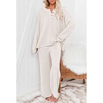 Viottiset Women's 2 Piece Outfits Knit Sweater Set Long Sleeve Button Top Wide Leg Pants Sweatsuit Beige Large
