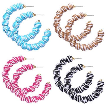 4 Pairs Rattan Earrings Statement Raffia Earrings for Women Handmade Rattan Ball Hoop Dangle Earring...