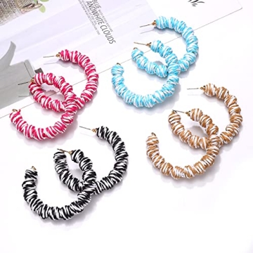 4 Pairs Rattan Earrings Statement Raffia Earrings for Women Handmade Rattan Ball Hoop Dangle Earrings Woven Straw Drop Earrings Summer Beach Jewelry Gift (Color2)