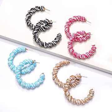 4 Pairs Rattan Earrings Statement Raffia Earrings for Women Handmade Rattan Ball Hoop Dangle Earrings Woven Straw Drop Earrings Summer Beach Jewelry Gift (Color2)