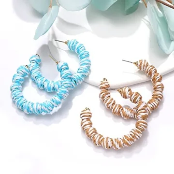 4 Pairs Rattan Earrings Statement Raffia Earrings for Women Handmade Rattan Ball Hoop Dangle Earrings Woven Straw Drop Earrings Summer Beach Jewelry Gift (Color2)