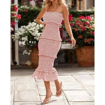 dowerme Women Summer Casual Floral Midi Smocked Bodycon Dresses Spaghetti Strap Square Neck Ruffle Mermaid Prom Dress(Brick Red,Small)