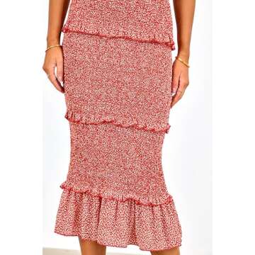 dowerme Women Summer Casual Floral Midi Smocked Bodycon Dresses Spaghetti Strap Square Neck Ruffle Mermaid Prom Dress(Brick Red,Small)