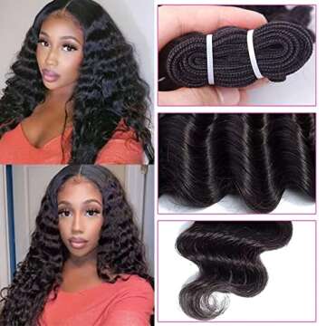 Yeslestm 10A Grade Brazilian Human Hair Loose Deep Wave Bundles with Closure(22 24 26+20 Closure) Human Hair 3 Bundles with 4x4 Free Part Lace Closure Natural Black Color