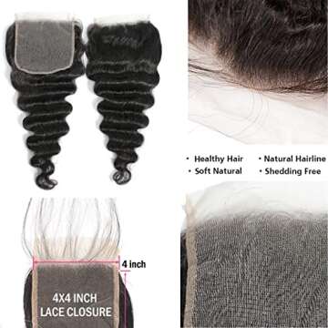 Yeslestm 10A Grade Brazilian Human Hair Loose Deep Wave Bundles with Closure(22 24 26+20 Closure) Human Hair 3 Bundles with 4x4 Free Part Lace Closure Natural Black Color