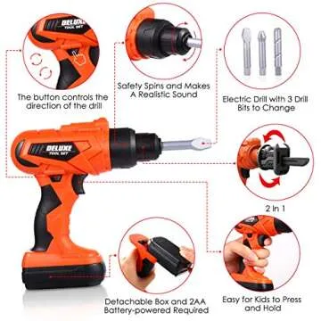 iBaseToy Kids Tool Set - 45 PCS Toddler Tool Set with Tool Box & Electronic Toy Drill, Pretend Play ...