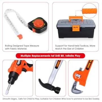 iBaseToy Kids Tool Set - 45 PCS Toddler Tool Set with Tool Box & Electronic Toy Drill, Pretend Play Kids Construction Toy Set, Toy Tools for Kids Ages 3, 4, 5, 6, 7 Years Old, Boy Toys