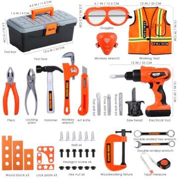 iBaseToy Kids Tool Set - 45 PCS Toddler Tool Set with Tool Box & Electronic Toy Drill, Pretend Play Kids Construction Toy Set, Toy Tools for Kids Ages 3, 4, 5, 6, 7 Years Old, Boy Toys