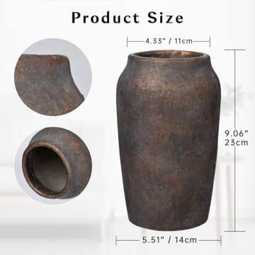 Briful 9.06'' Large Ceramic Rustic Vase Shabby Vintage Textured Vase, 4.33'' Wide Mouth Pampas Vase ...