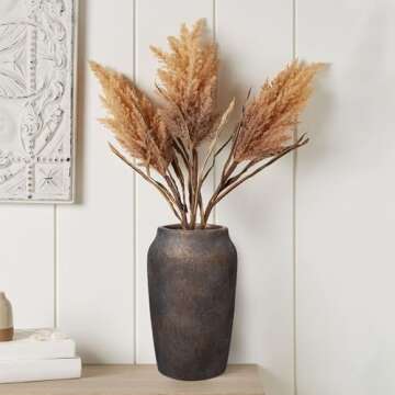 Briful 9.06'' Large Ceramic Rustic Vase Shabby Vintage Textured Vase, 4.33'' Wide Mouth Pampas Vase for Fake Flowers Branches, Farmhouse Home Décor, Weddings Shelf Table Decor, Brown