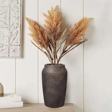 Briful 9.06'' Large Ceramic Rustic Vase Shabby Vintage Textured Vase, 4.33'' Wide Mouth Pampas Vase for Fake Flowers Branches, Farmhouse Home Décor, Weddings Shelf Table Decor, Brown
