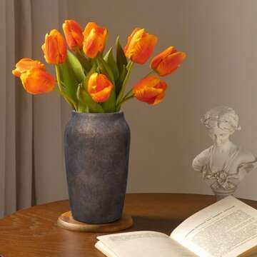 Briful 9.06'' Large Ceramic Rustic Vase Shabby Vintage Textured Vase, 4.33'' Wide Mouth Pampas Vase for Fake Flowers Branches, Farmhouse Home Décor, Weddings Shelf Table Decor, Brown