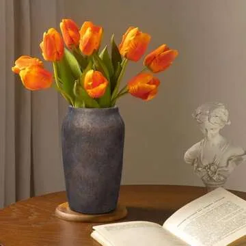 Briful 9.06'' Large Ceramic Rustic Vase Shabby Vintage Textured Vase, 4.33'' Wide Mouth Pampas Vase for Fake Flowers Branches, Farmhouse Home Décor, Weddings Shelf Table Decor, Brown