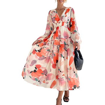 Dresses for Women 2023 Bohemian Floral Tiered Long Midi Dress with Puff Sleeves Flowy Summer Maxi Dr...