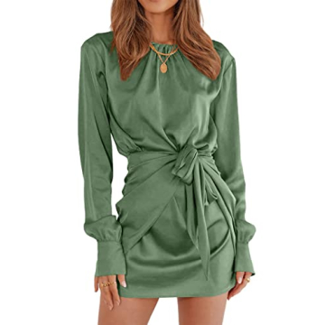 PRETTYGARDEN Women's Spring Satin Dress Long Sleeve Tie Waist Elegant Cocktail Party Mini Fall Dress...