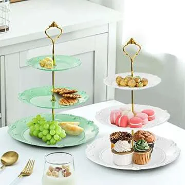 Fasmov 3 Pack 3 Tier Plastic Cupcake Stand, Dessert Plates Cake Fruit Candy Display Tower Reusable Pastry Platter for Wedding Birthday Baby Shower Tea Party Decorations - White Pink Green