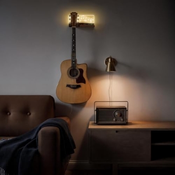 Guitar Wall Mount with LED Lights, Light Up Guitar Wall Hangers with Shelf and Pick Holder, Wood & A...