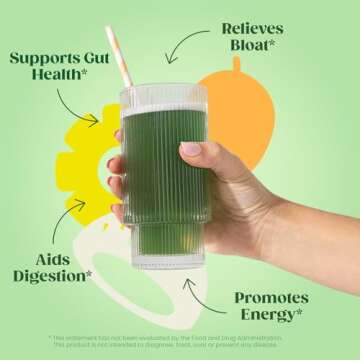 Bloom Nutrition Superfood Greens Powder Stick Packs, Digestive Enzymes with Probiotics and Prebiotics, Gut Health, Bloating Relief for Women, Chlorella, Green Juice Mix, 18 SVG, Tropical Variety