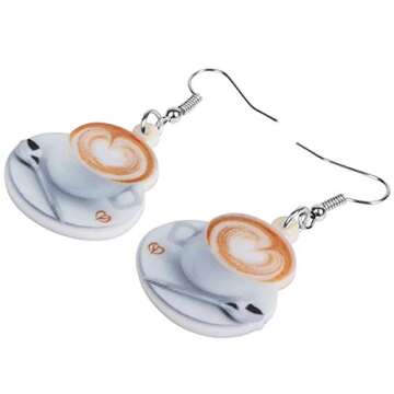 DOWAY Acrylic Charm Coffee Cup Spoon Earrings Drop Dangle Jewelry Fashion Decoration for Women Funny Party Gifts (White)
