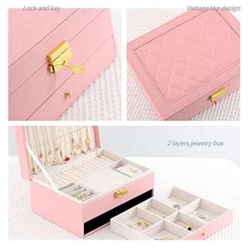 GUOER Jewelry Organizer Box for Women - Large PU Leather Jewelry Organizer Storage Case with Two Layers Display for Earrings Bracelets Rings Watches (Pink)